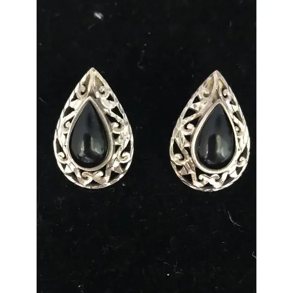 Vintage Sterling Silver And Black Onyx Teardrop Statement Earrings - Picture 1 of 6